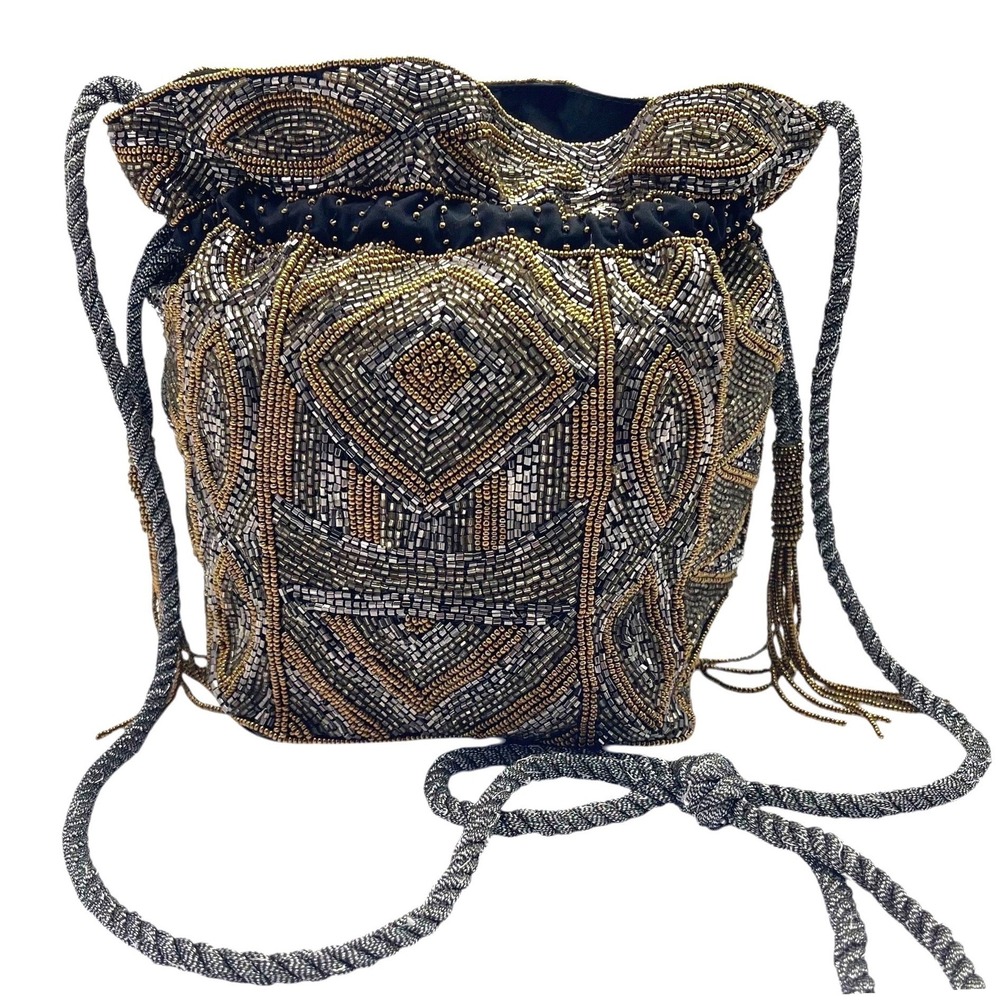 ASPIGA Beaded Pouch Bag Drawstring Potli Evening Tassels Embellished Gold Silver